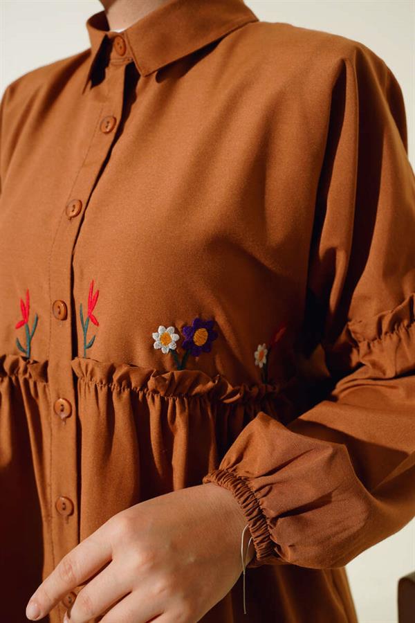 Pleated Floral Embroidered Shirt Tan