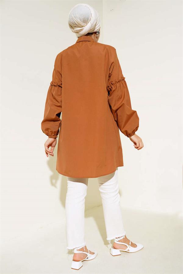 Pleated Floral Embroidered Shirt Tan