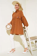 Pleated Floral Embroidered Shirt Tan