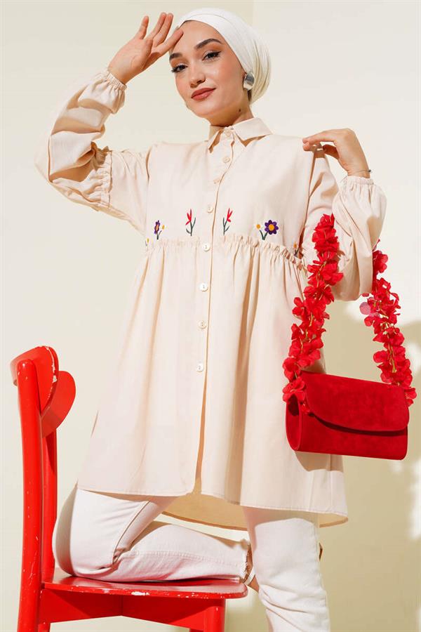 Pleated Flower Embroidered Shirt Stone