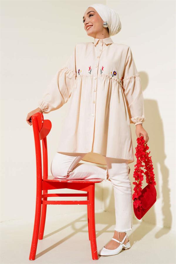 Pleated Flower Embroidered Shirt Stone