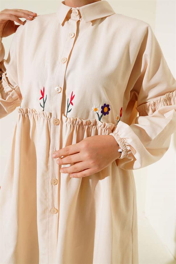 Pleated Flower Embroidered Shirt Stone