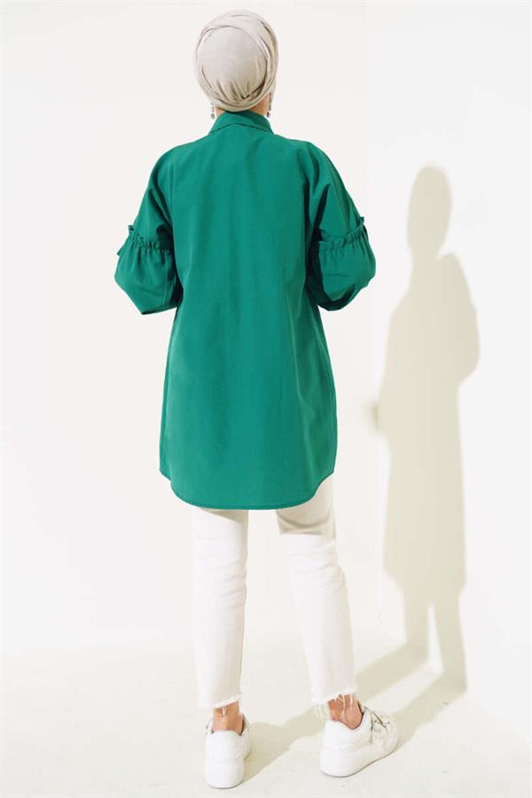 Pleated Floral Embroidered Shirt Green