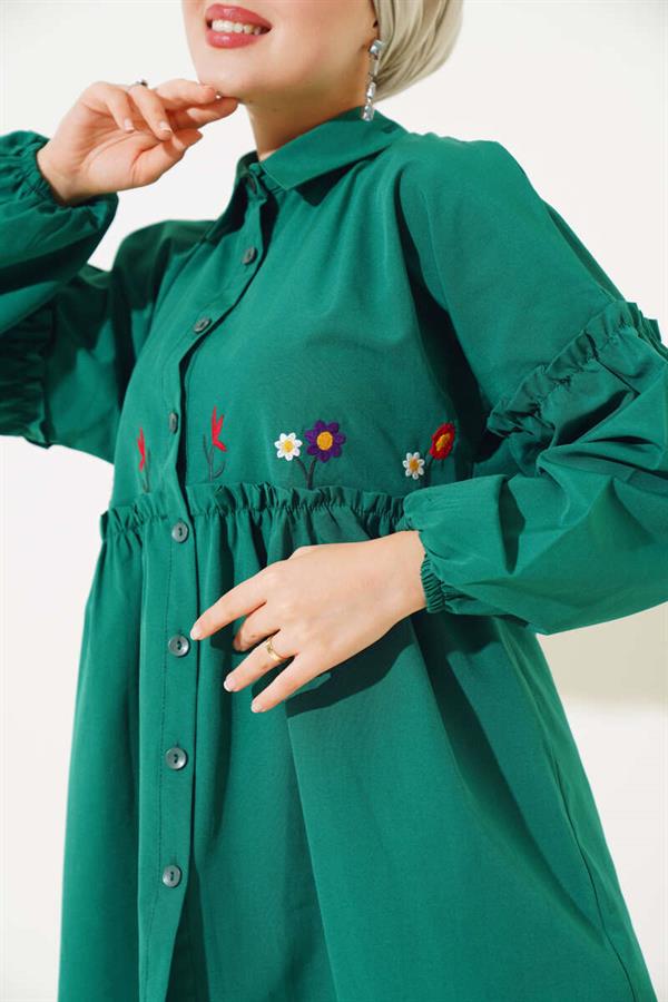 Pleated Floral Embroidered Shirt Green