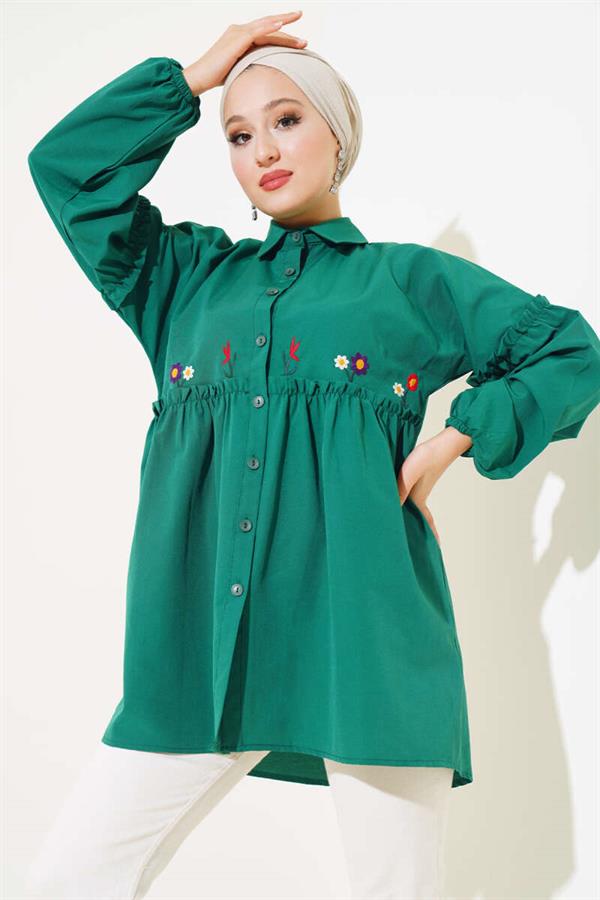 Pleated Floral Embroidered Shirt Green