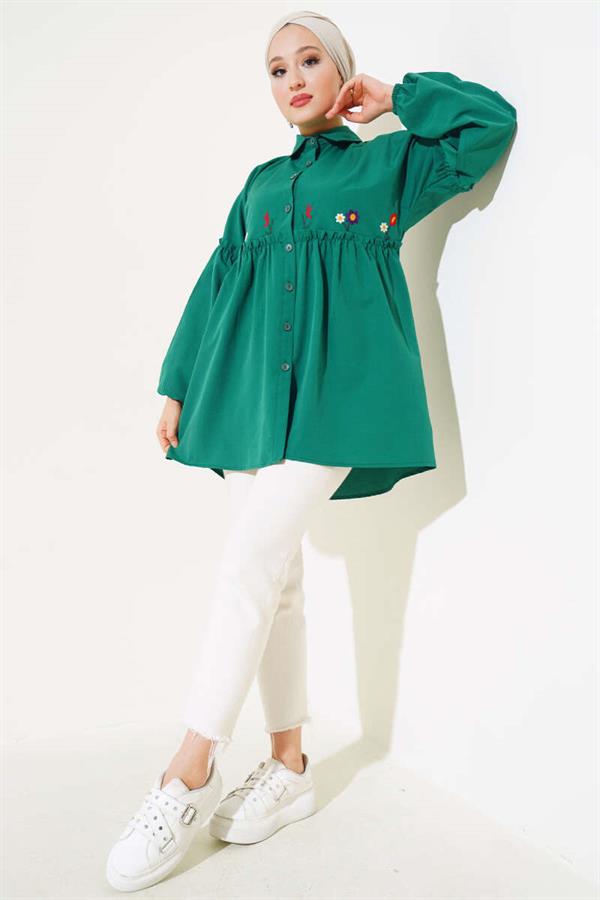 Pleated Floral Embroidered Shirt Green