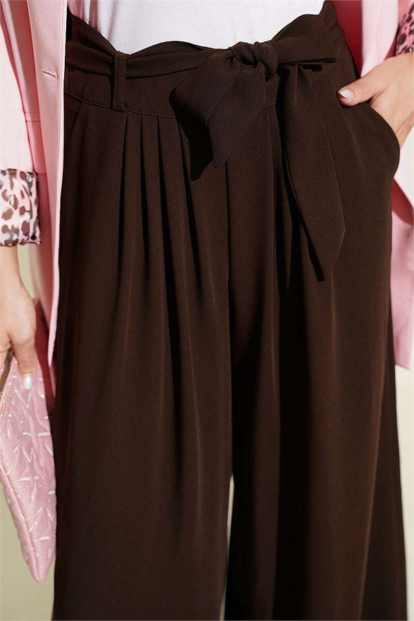 Pleated Detail Wide Leg Fabric Trousers Dark Brown