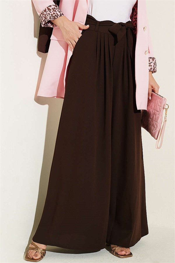 Pleated Detail Wide Leg Fabric Trousers Dark Brown