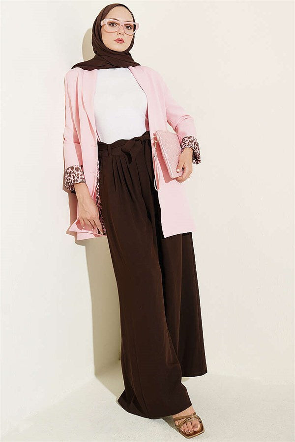 Pleated Detail Wide Leg Fabric Trousers Dark Brown