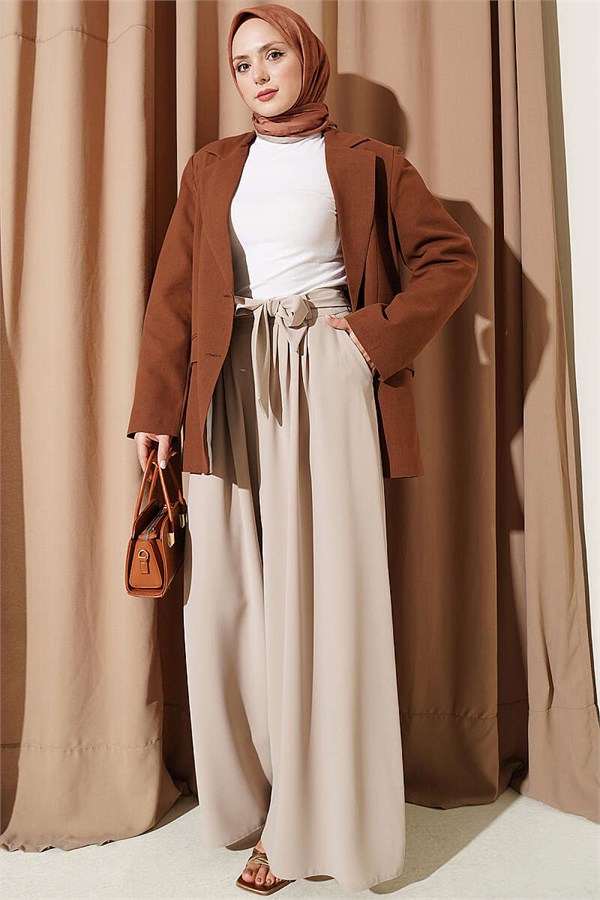 Pleated Detail Wide Leg Fabric Trousers Beige