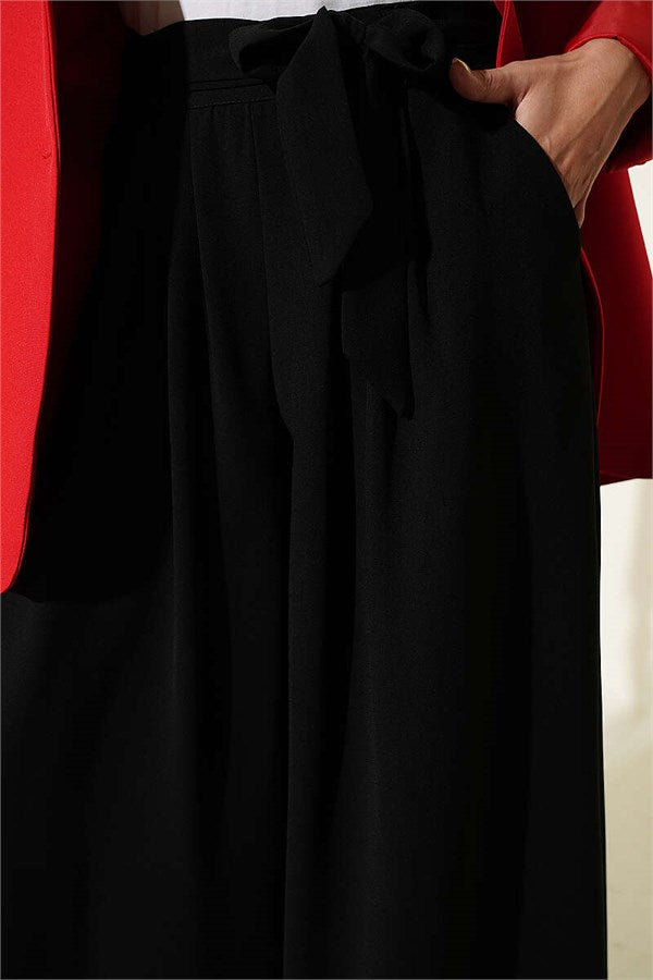 Pleated Detail Wide Leg Fabric Trousers Black