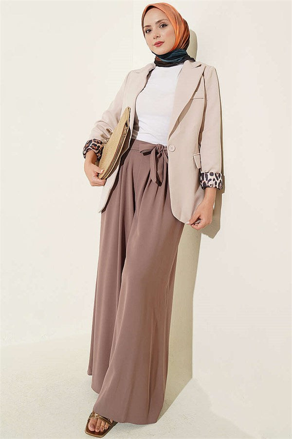 Pleated Detail Wide Leg Fabric Trousers, Milk Coffee