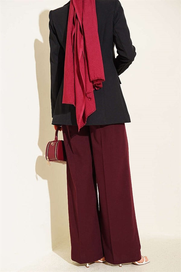 Pleated Buttoned Palazzo Trousers Burgundy