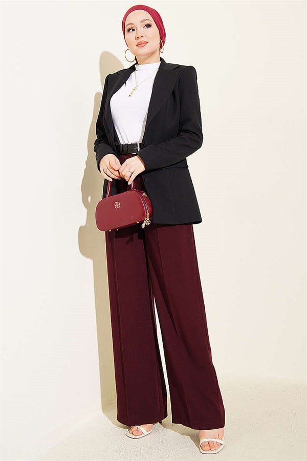 Pleated Buttoned Palazzo Trousers Burgundy