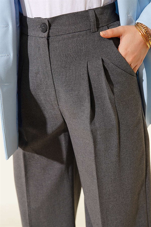 Pleated Buttoned Palazzo Trousers, Smoke Grey