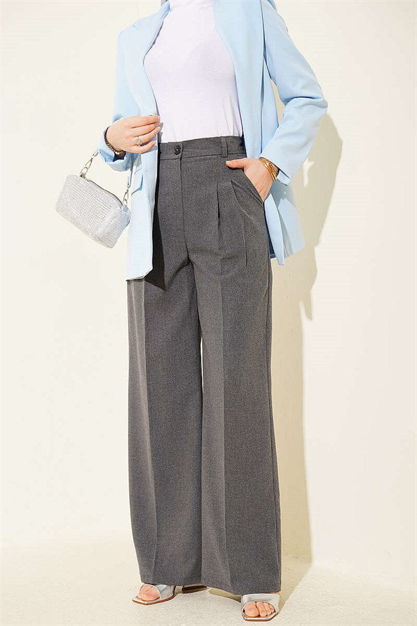 Pleated Buttoned Palazzo Trousers, Smoke Grey