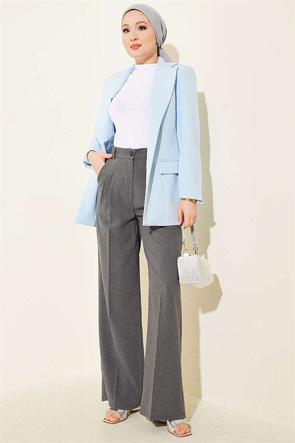 Pleated Buttoned Palazzo Trousers, Smoke Grey