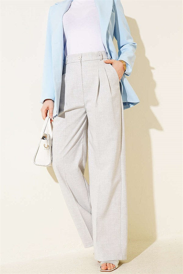 Pleated Buttoned Palazzo Trousers Melange Grey
