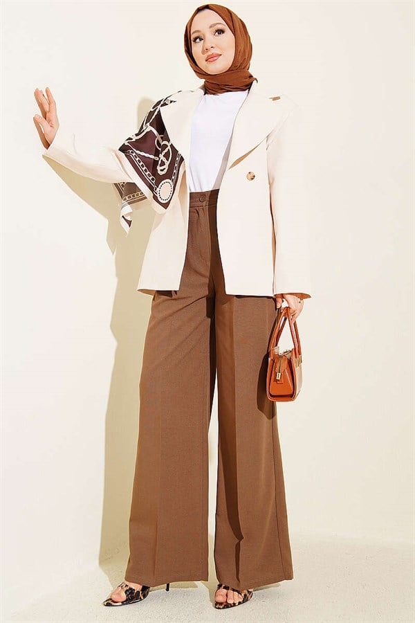 Pleated Buttoned Palazzo Trousers, Mink