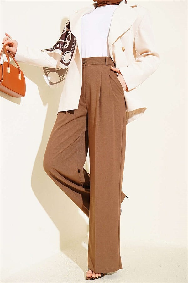 Pleated Buttoned Palazzo Trousers, Mink