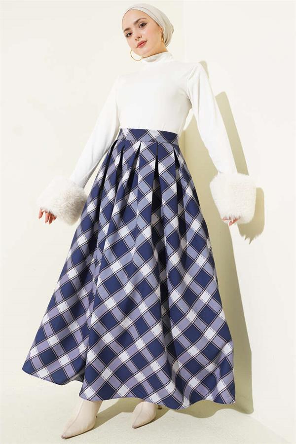 Pleated Plaid Zip-Up Skirt, Navy Blue