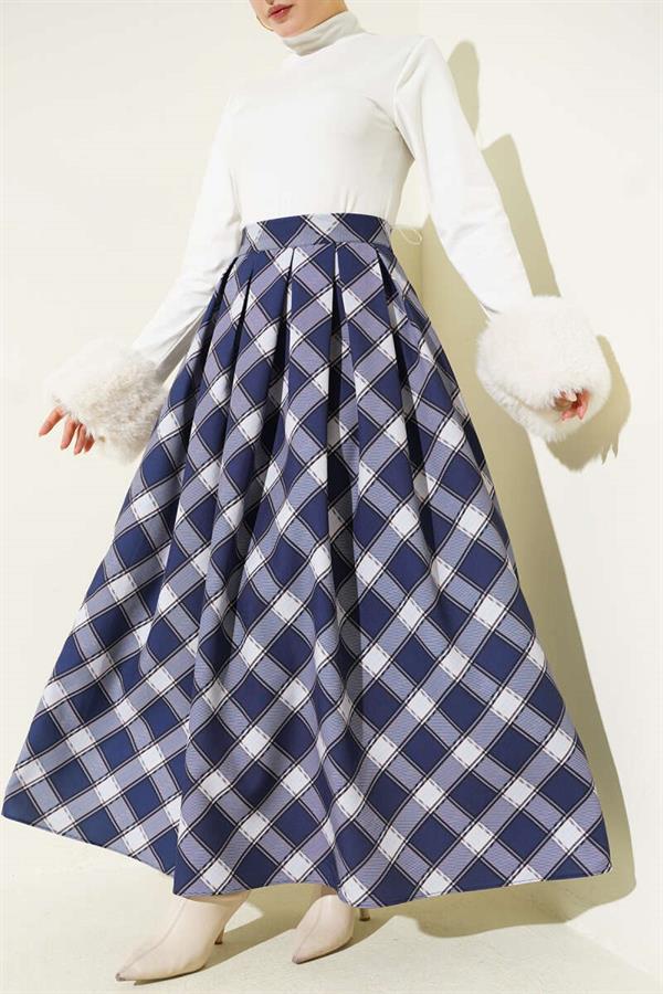 Pleated Plaid Zip-Up Skirt, Navy Blue
