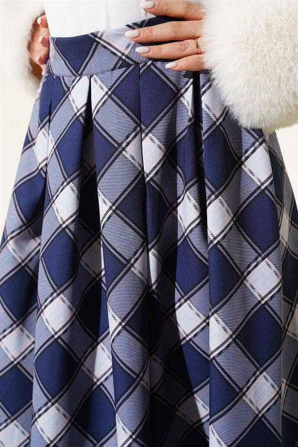 Pleated Plaid Zip-Up Skirt, Navy Blue