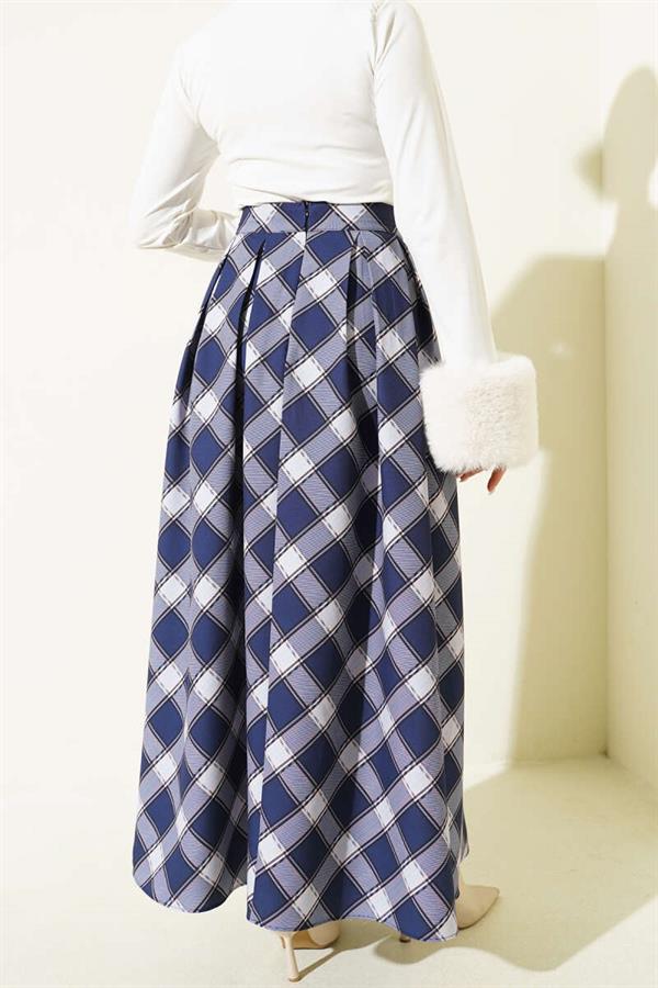 Pleated Plaid Zip-Up Skirt, Navy Blue