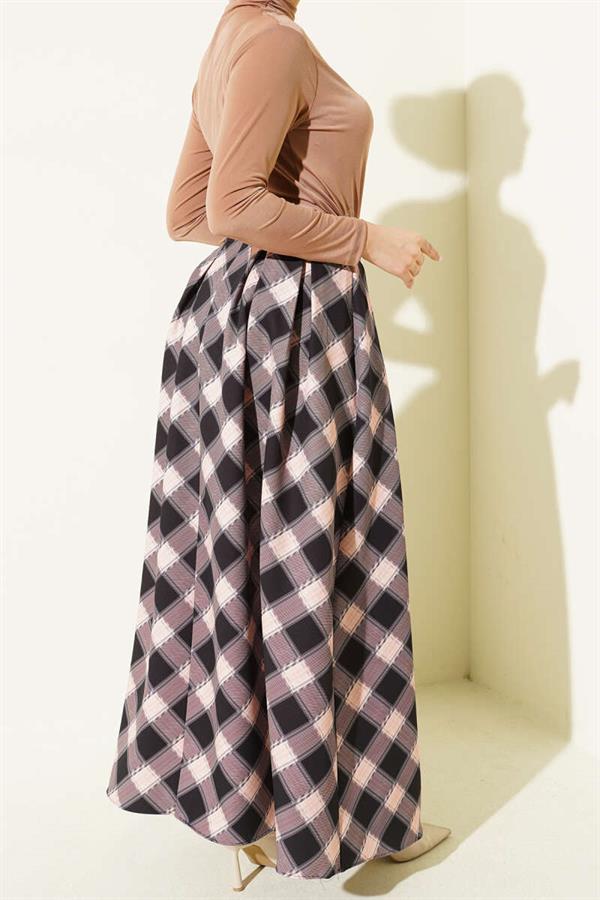 Pleated Plaid Zip-Up Skirt, Black