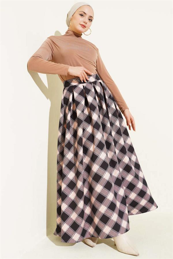 Pleated Plaid Zip-Up Skirt, Black