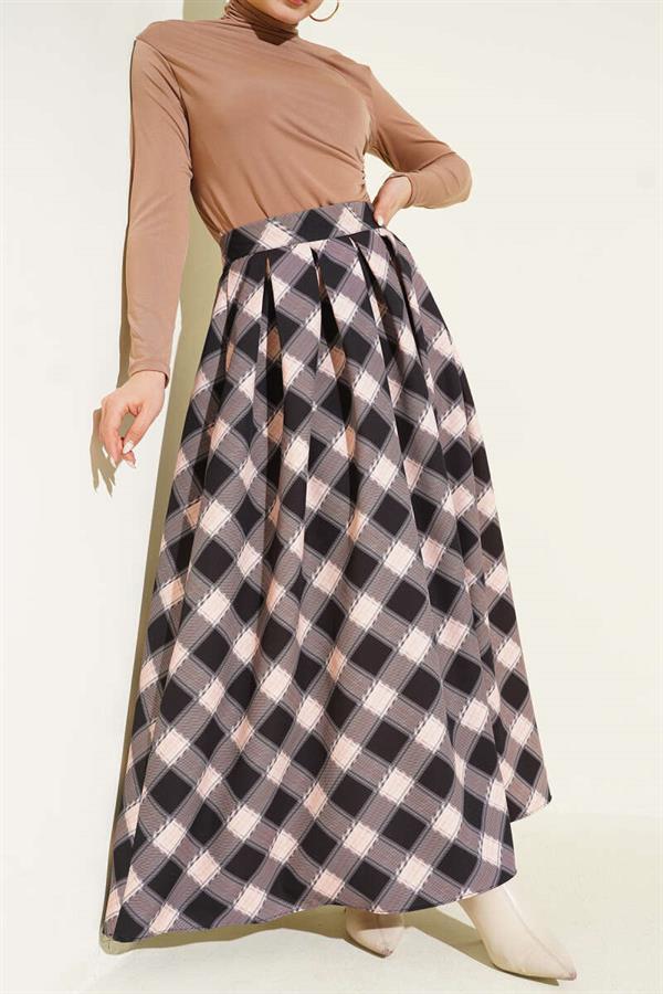 Pleated Plaid Zip-Up Skirt, Black