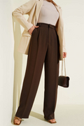 Pleated Wide Leg Fabric Trousers, Brown