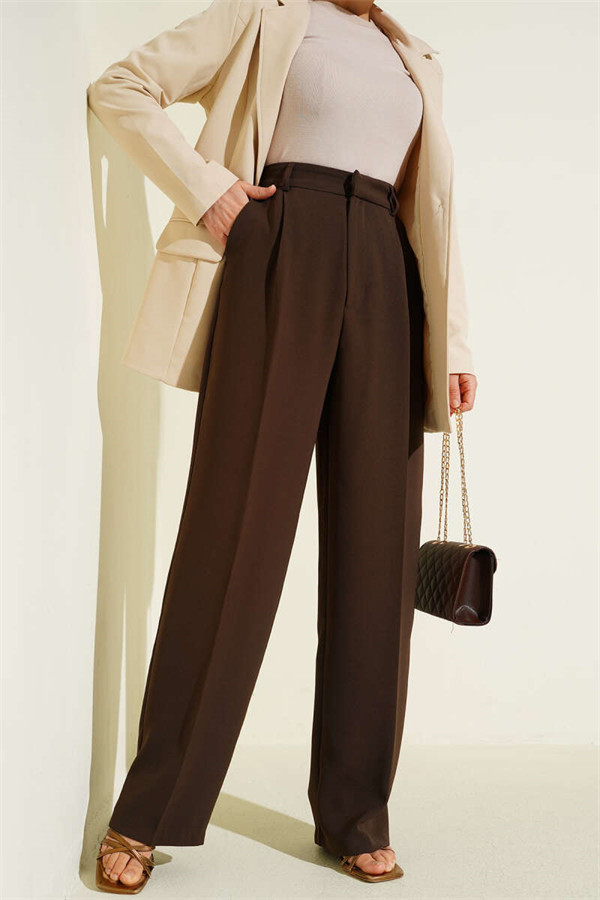 Pleated Wide Leg Fabric Trousers, Brown