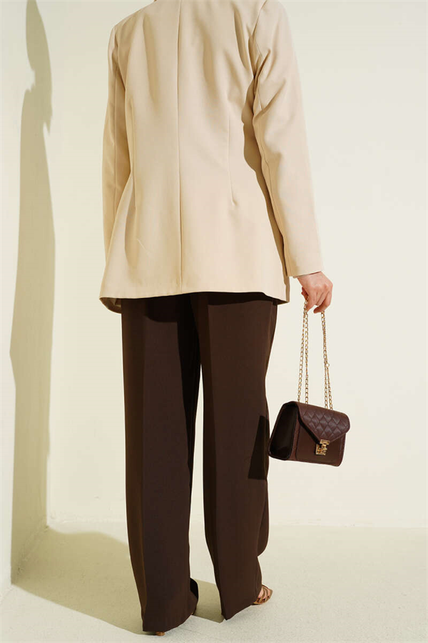 Pleated Wide Leg Fabric Trousers, Brown