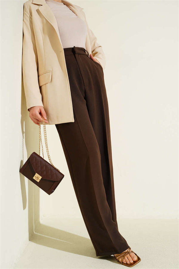 Pleated Wide Leg Fabric Trousers, Brown