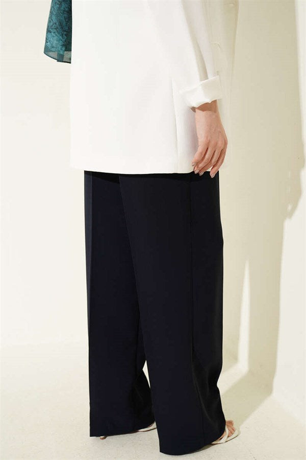 Pleated Wide Leg Fabric Trousers, Navy Blue