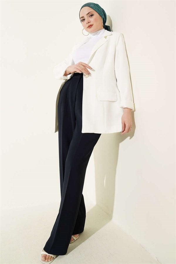 Pleated Wide Leg Fabric Trousers, Navy Blue
