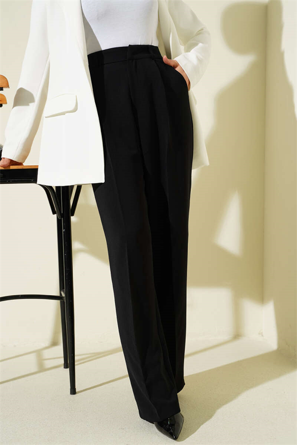 Pleated Wide Leg Fabric Trousers Black