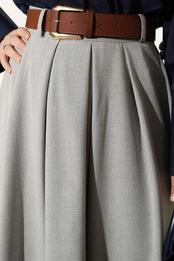 Pleated Skirt with Belt and Zipper, Grey