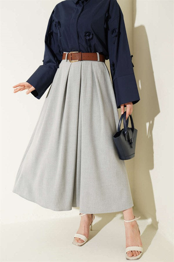 Pleated Skirt with Belt and Zipper, Grey
