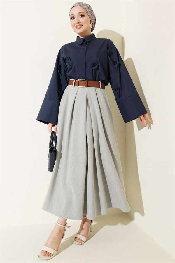 Pleated Skirt with Belt and Zipper, Grey