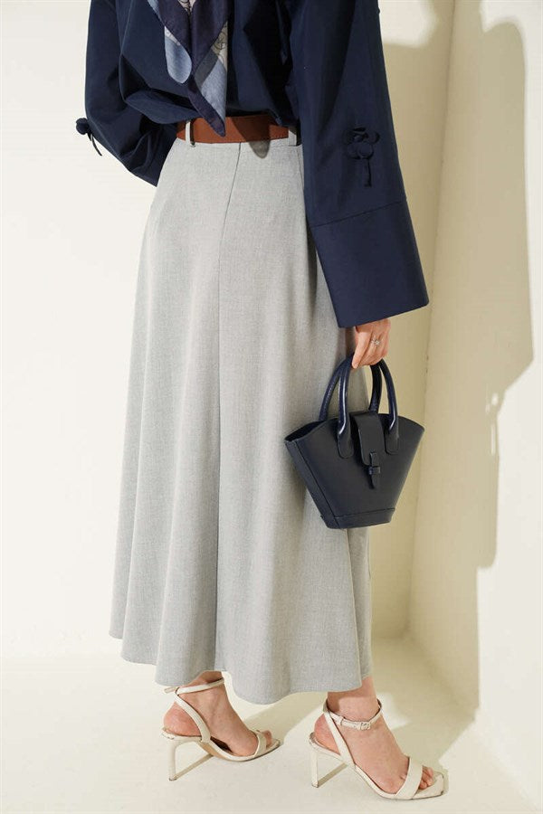 Pleated Skirt with Belt and Zipper, Grey