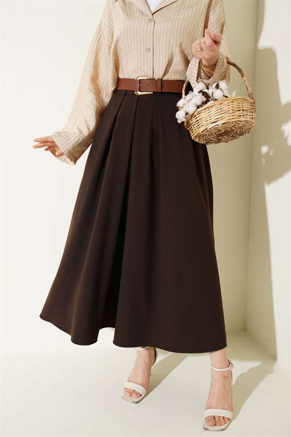Pleated Belted Waist Zipper Skirt, Brown