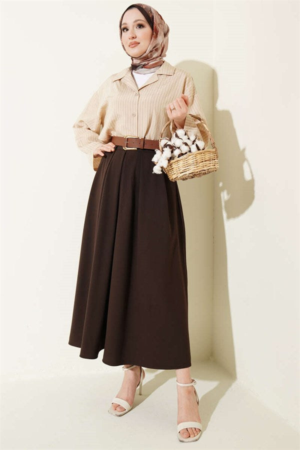 Pleated Belted Waist Zipper Skirt, Brown