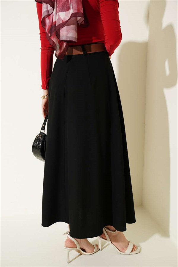 Pleated Skirt with Belt and Zipper, Black