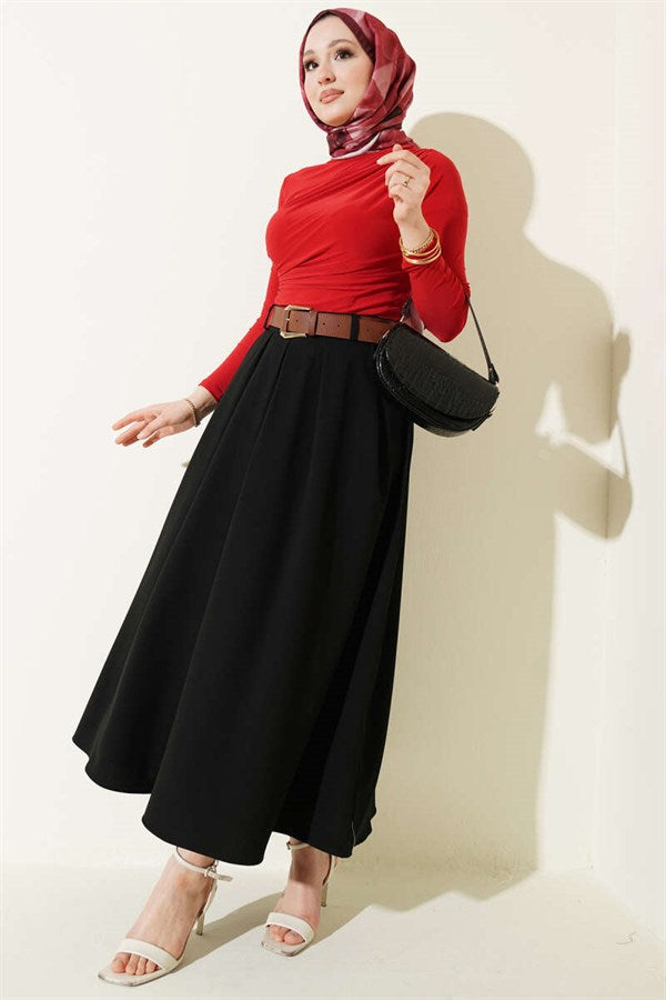 Pleated Skirt with Belt and Zipper, Black