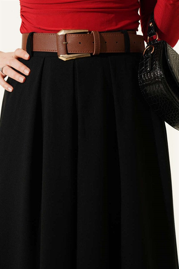 Pleated Skirt with Belt and Zipper, Black