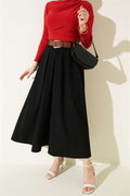Pleated Skirt with Belt and Zipper, Black