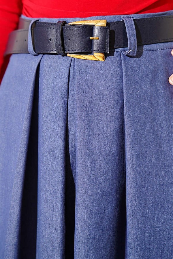 Pleated Belted Gabardine Flared Skirt, Blue