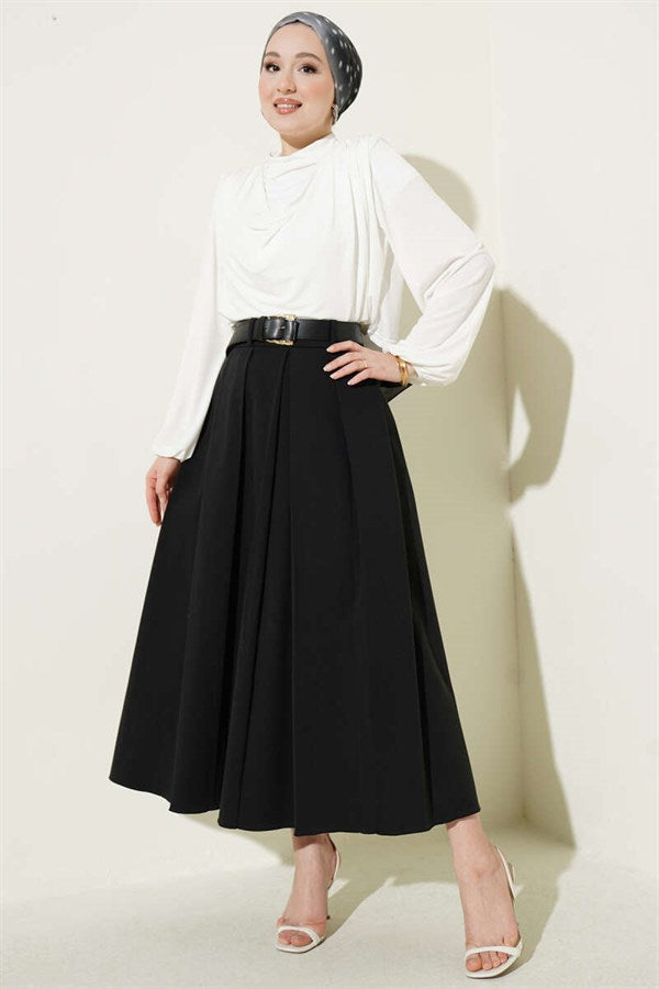 Pleated Belted Gabardine Flared Skirt, Black